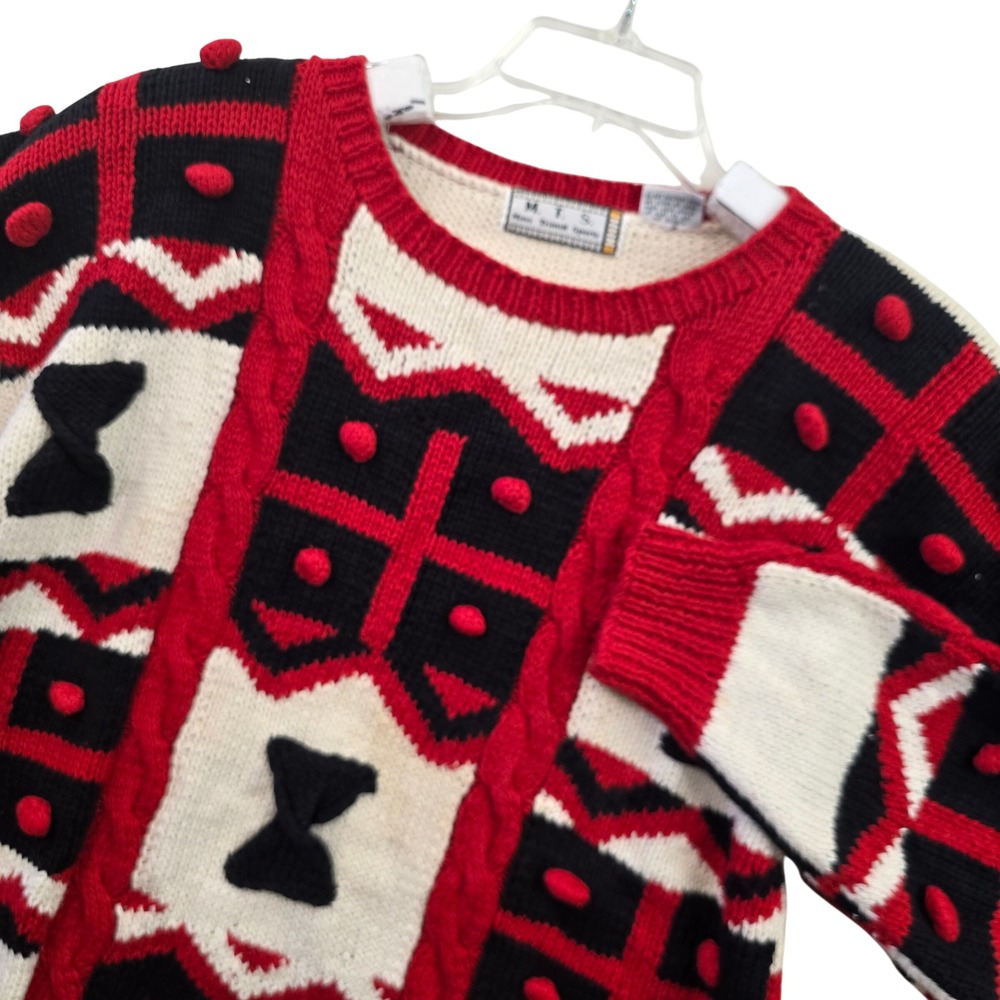 MTS‎ Vintage 80s Geometric 3D Chunky Sweater Red Black Valentines Bold Knit